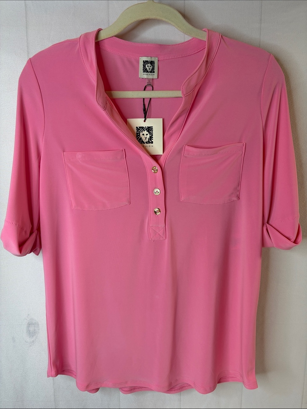 NWT Anne Klein Aurora Pink Roll-Tab Blouse Top Small Gold Button Career